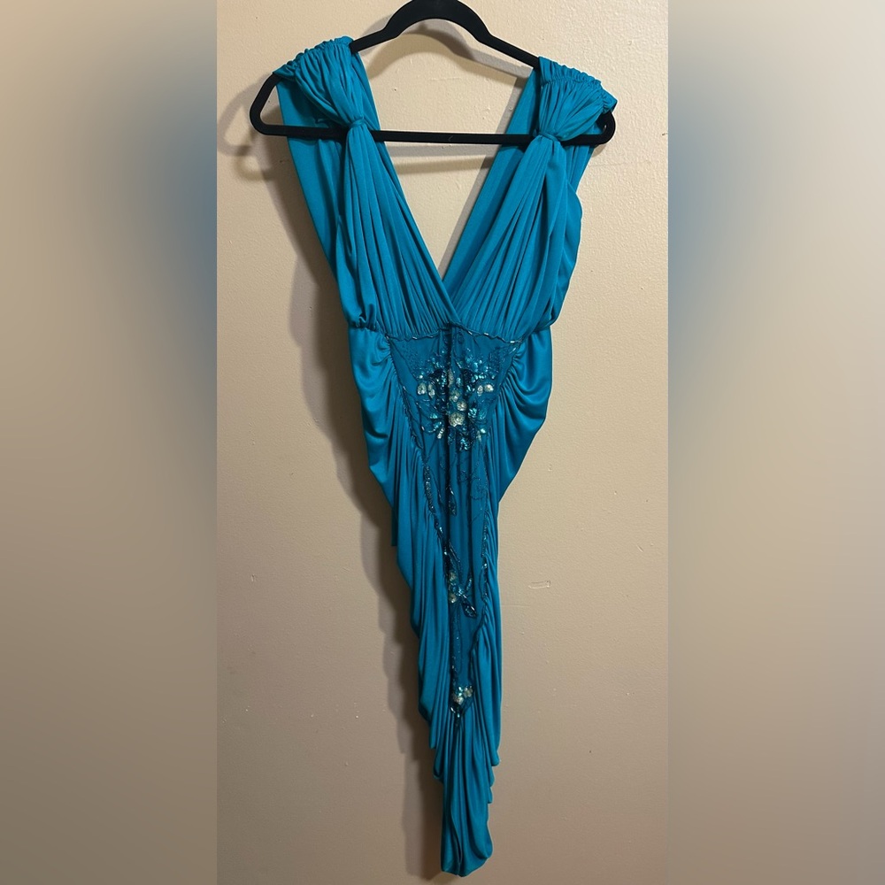 For David Howard Katherine Kelly Teal Beaded Cocktail Dress Grecian Drape Size 8